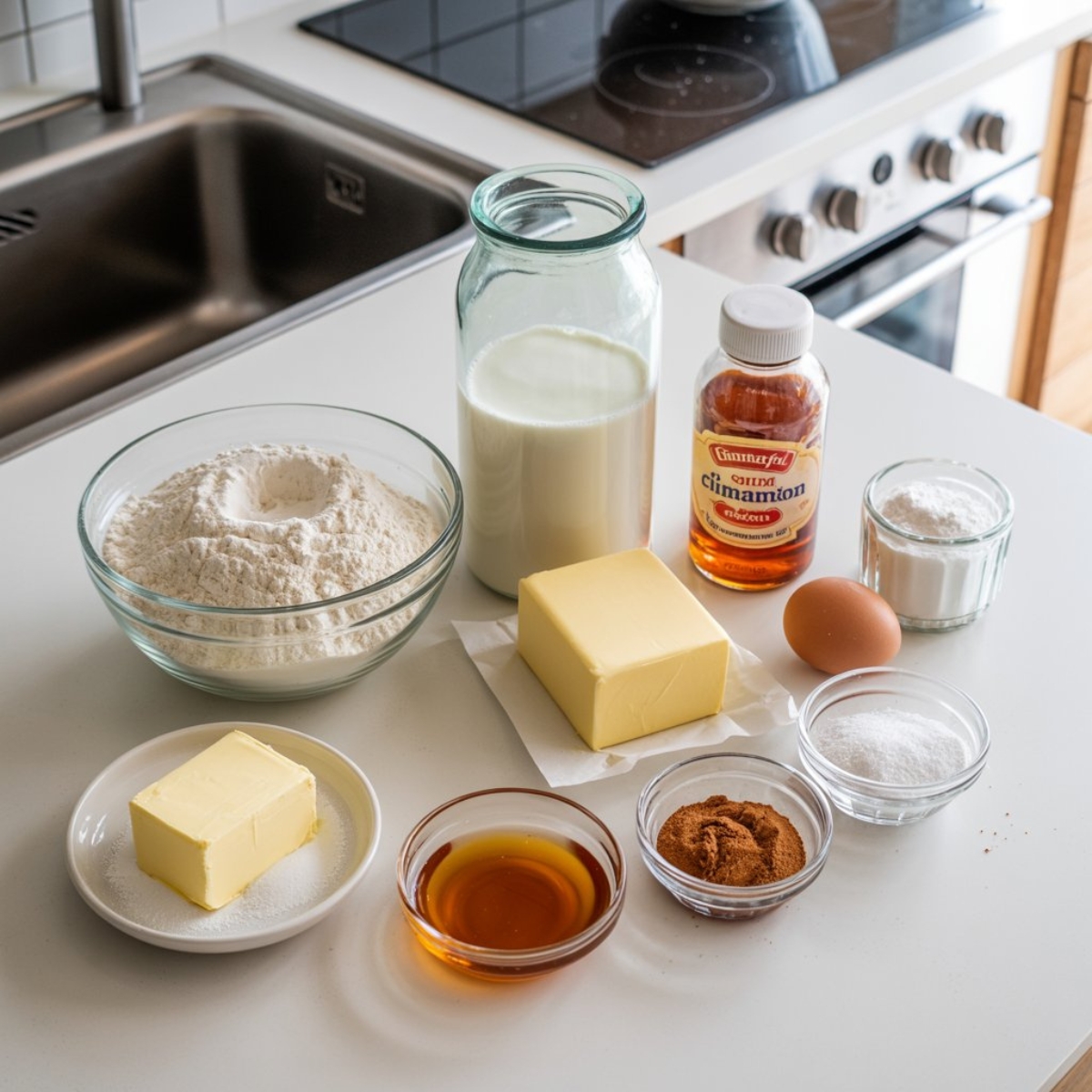 ingredients for texas roadhouse rolls and cinnamon honey butter on white kitchen counter