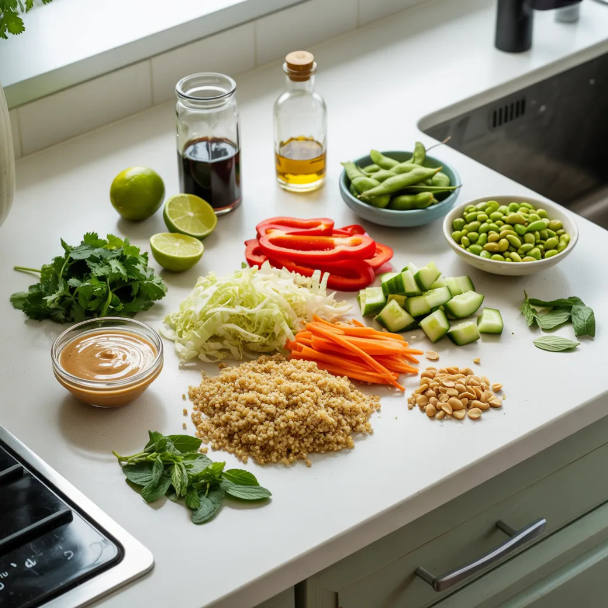 Thai quinoa bowl ingredients displayed on white kitchen counter with fresh vegetables and peanut dressing