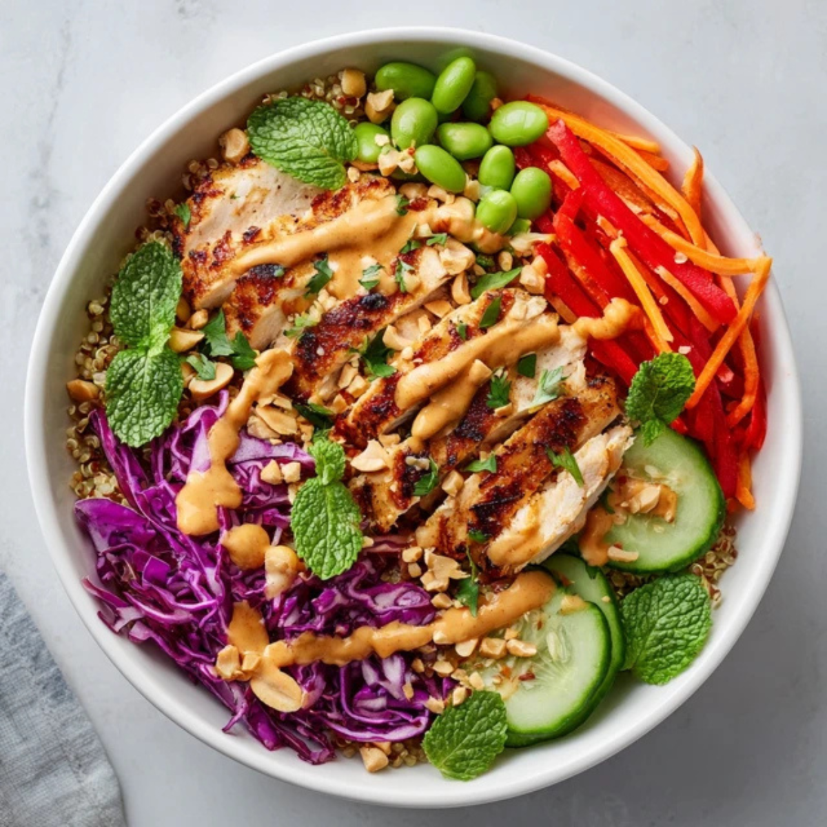 Colorful Thai quinoa bowl with peanut sauce and fresh vegetables on white kitchen counter