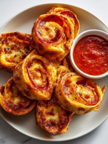 crispy tortilla pizza rolls with pepperoni and cheese on white counter