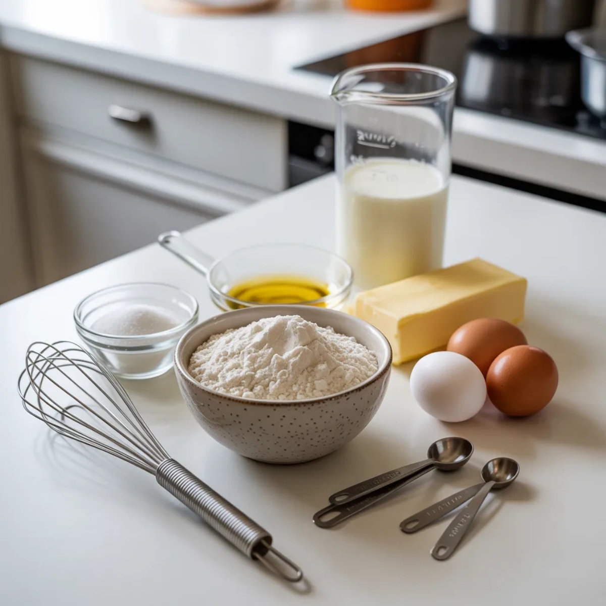 vanilla cream buns ingredients on white kitchen counter
