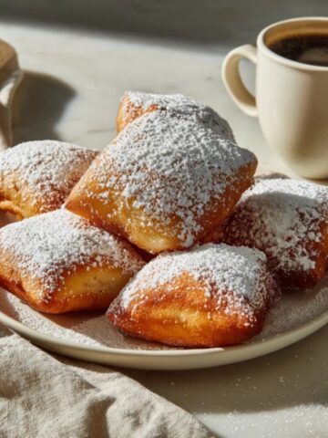 Golden vanilla French beignets dusted with powdered sugar on a white kitchen counter