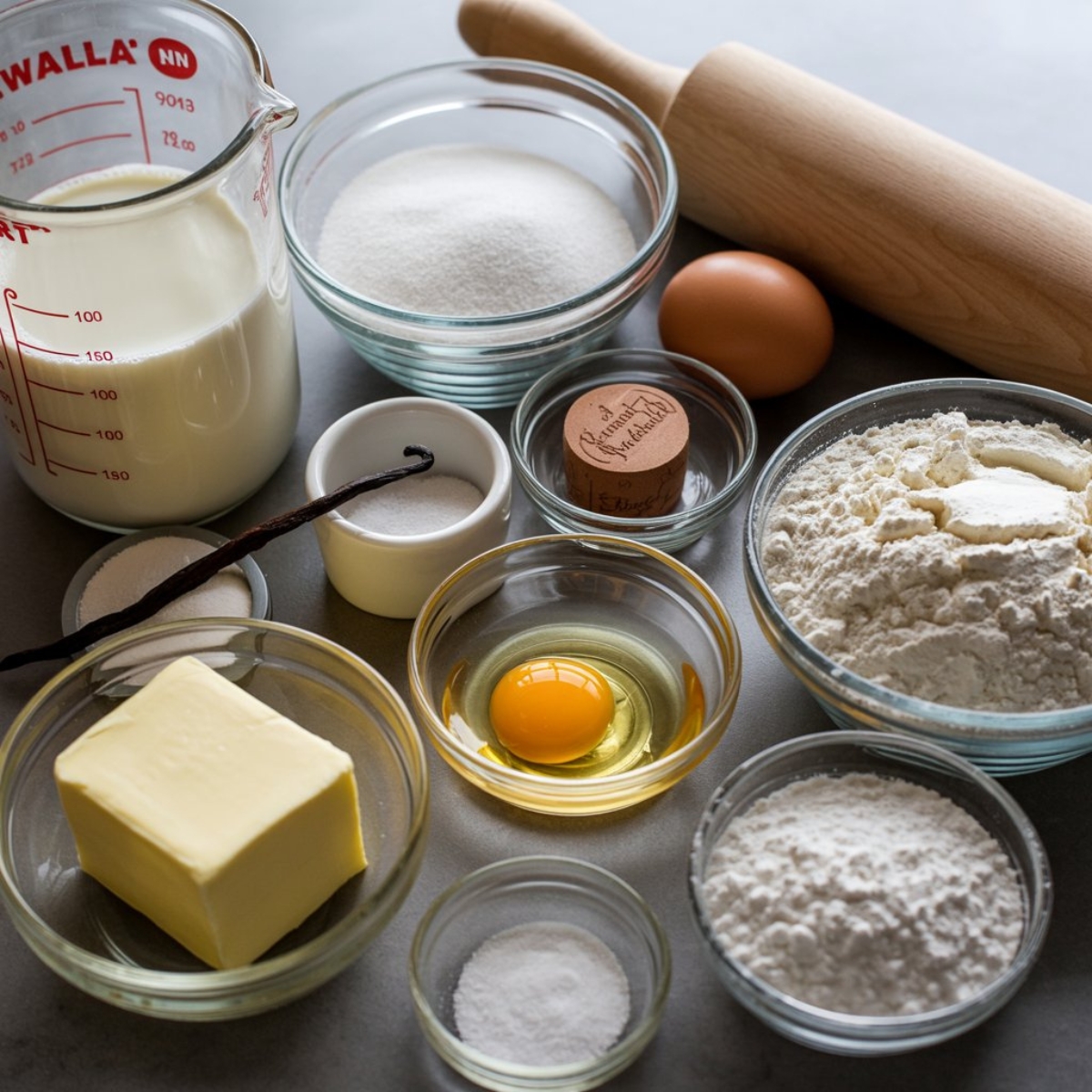 Vanilla French beignets ingredients arranged on a white kitchen counter