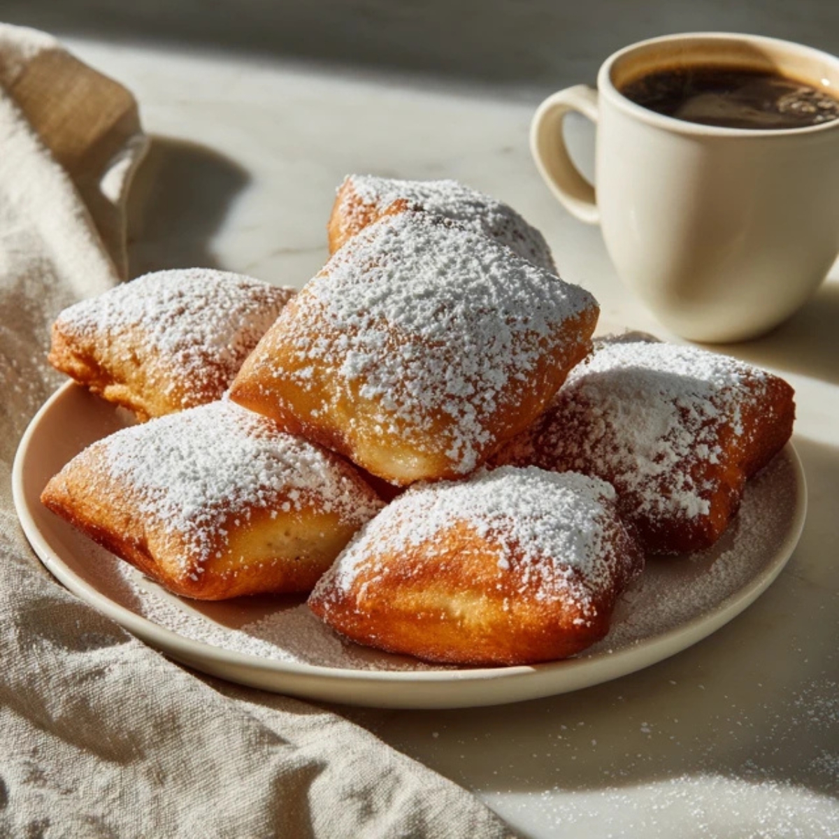 Golden vanilla French beignets dusted with powdered sugar on a white kitchen counter