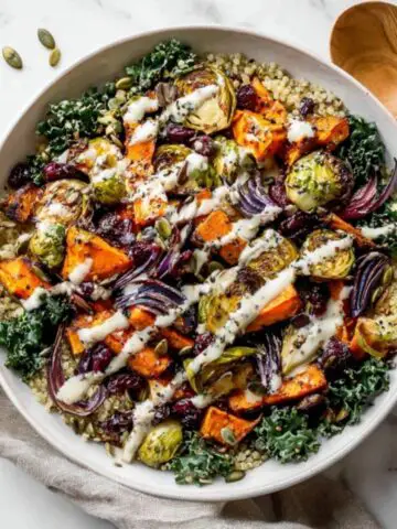 Winter Harvest Dinner Bowl with roasted vegetables, quinoa, and maple tahini dressing