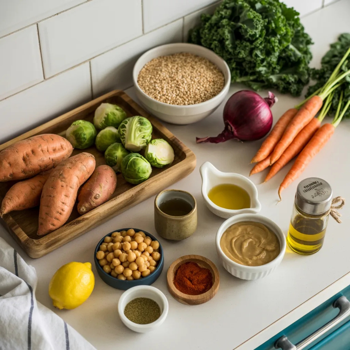 Winter Harvest Dinner Bowl ingredients laid out on white counter