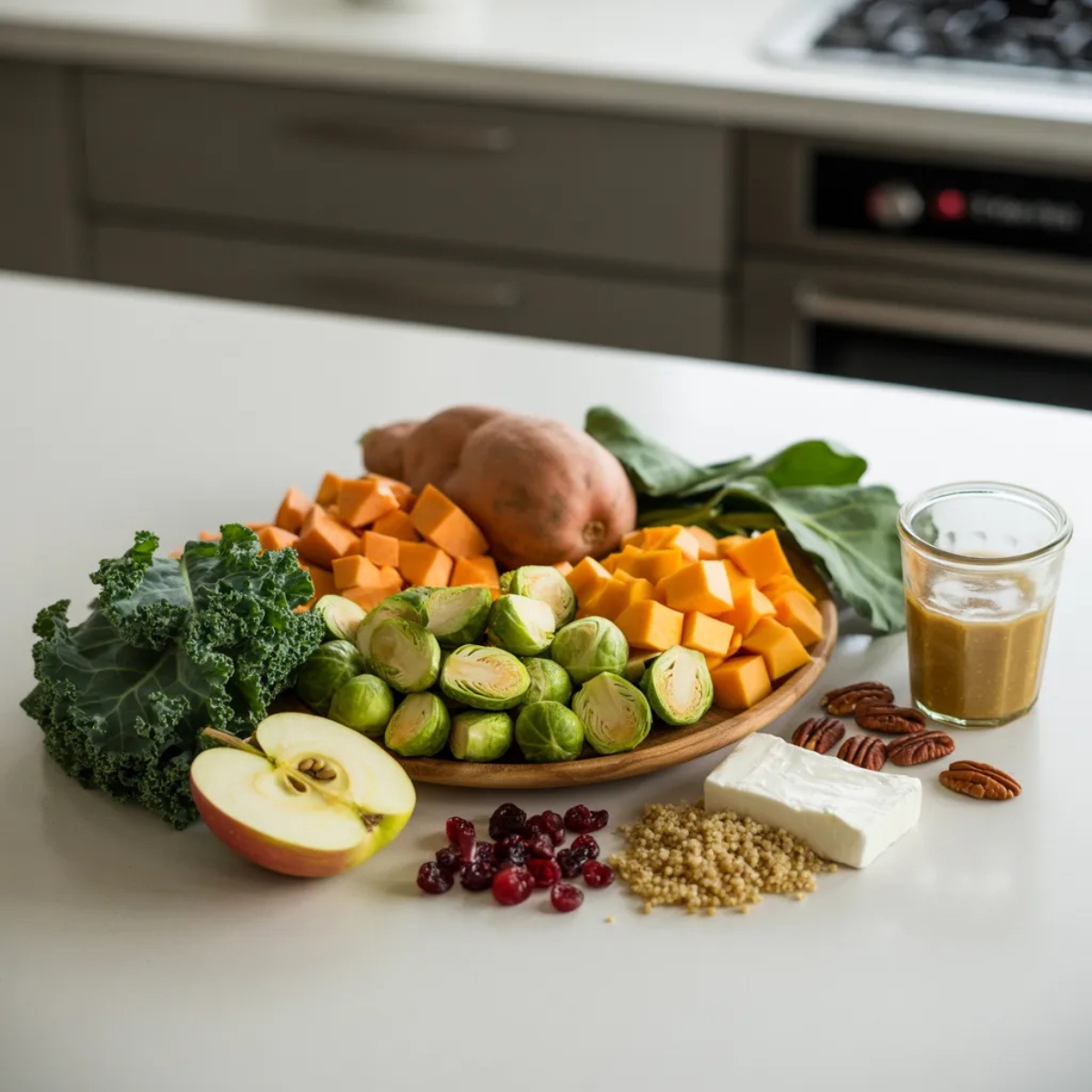 Fresh ingredients for an autumn harvest bowl with sweet potatoes, kale, and quinoa on a white kitchen counter