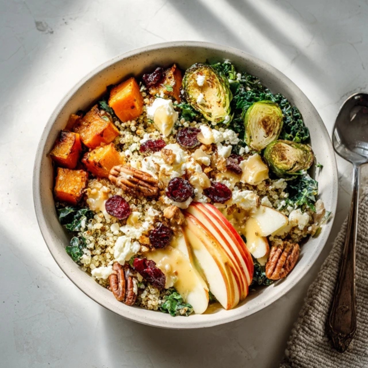 Colorful autumn harvest bowl with roasted vegetables and quinoa on a white kitchen counter
