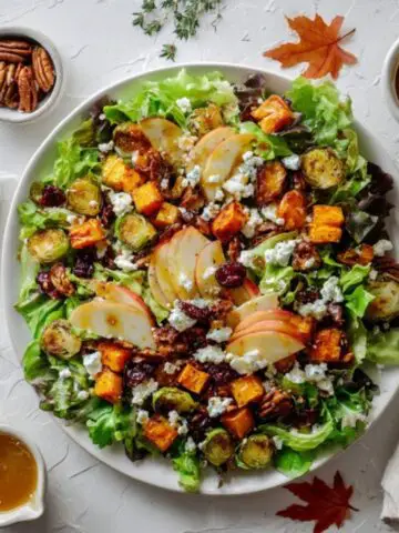 Colorful autumn harvest salad with apples, roasted vegetables, and maple dijon vinaigrette