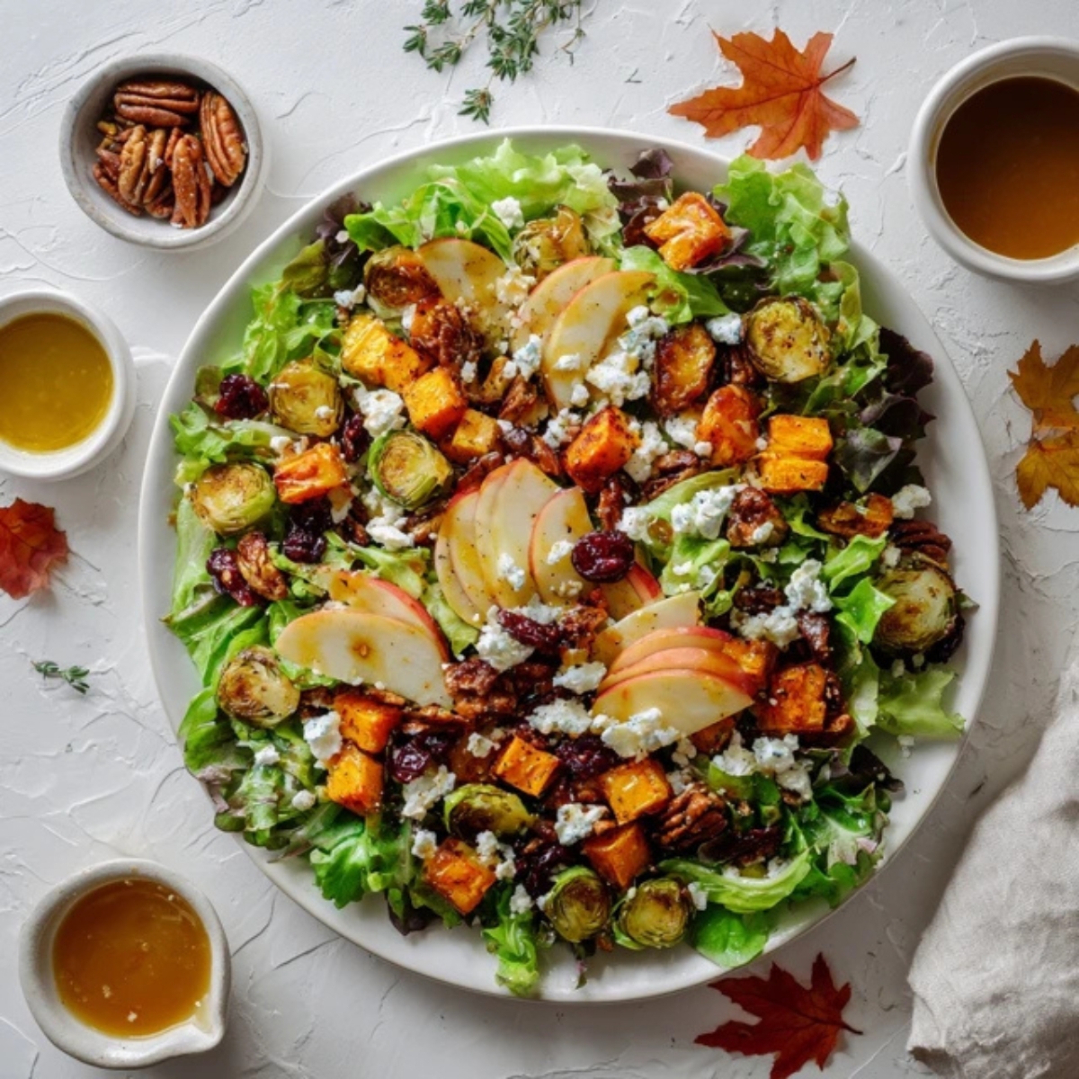 Colorful autumn harvest bowl with roasted vegetables and quinoa on a white kitchen counter