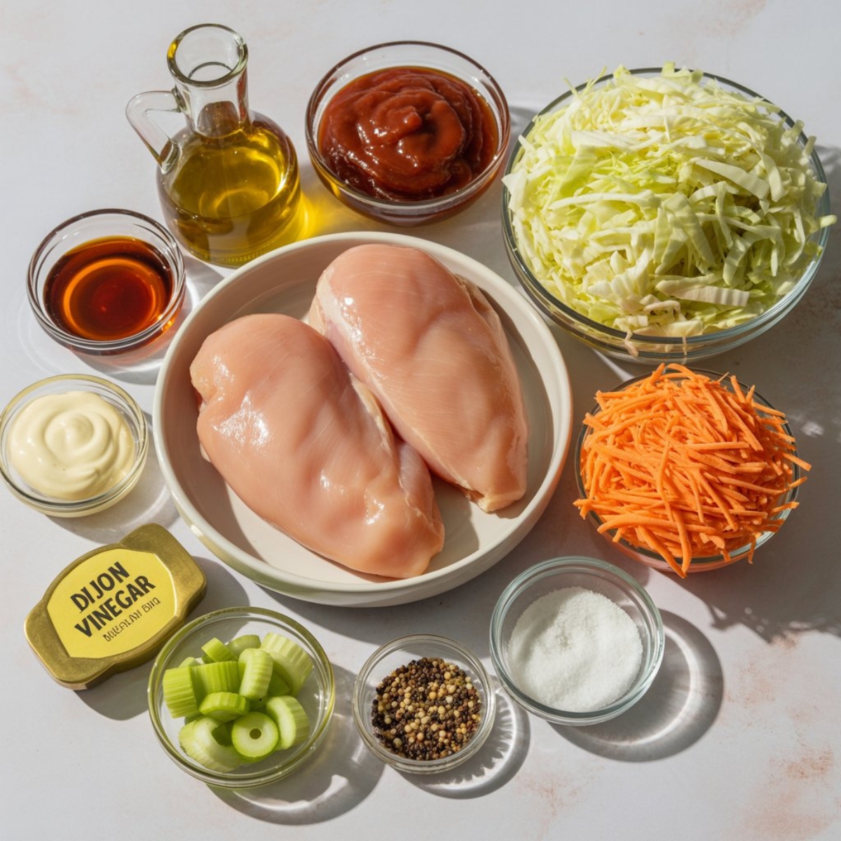 Flat lay of fresh ingredients for bbq chicken coleslaw including chicken, cabbage, and barbecue sauce