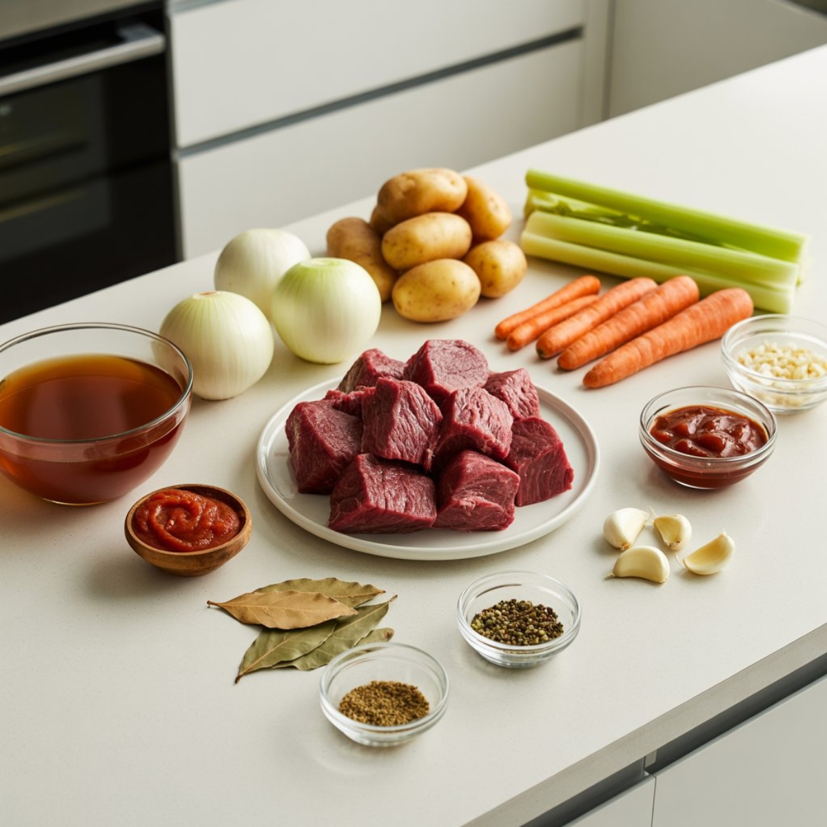 Fresh ingredients for homemade beef stew on a white kitchen counter