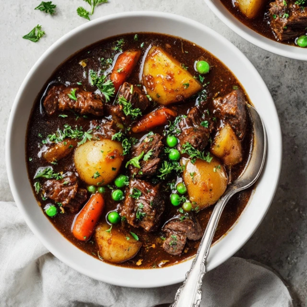 Hearty homemade beef stew with tender beef, carrots, and potatoes in rich gravy