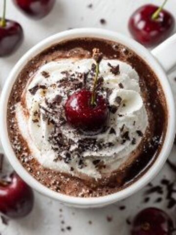 Homemade Black Forest Hot Chocolate topped with whipped cream, cherries, and chocolate shavings on a white kitchen counter.