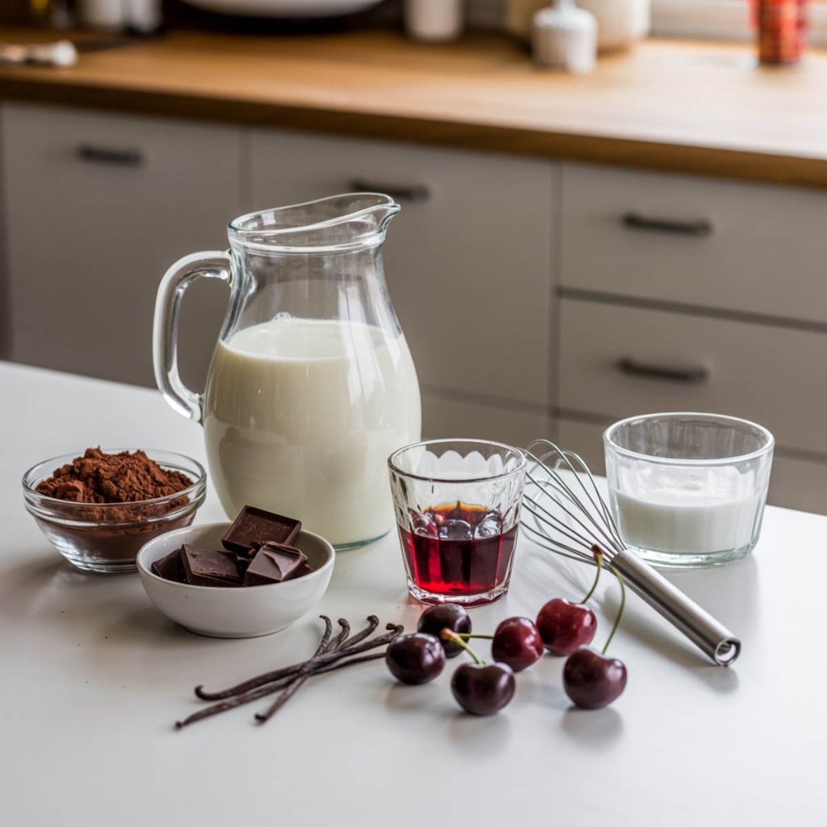 Ingredients for Black Forest Hot Chocolate including milk, cocoa powder, cherries, and chocolate on a white kitchen counter.