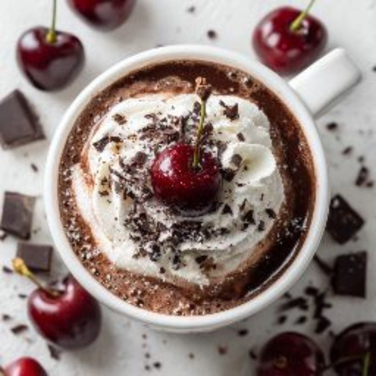 Homemade Black Forest Hot Chocolate topped with whipped cream, cherries, and chocolate shavings on a white kitchen counter.
