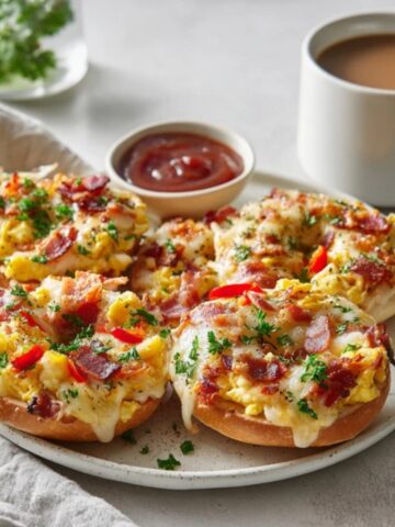 Homemade breakfast pizza bagels topped with eggs, bacon, and melted cheese on a white kitchen counter