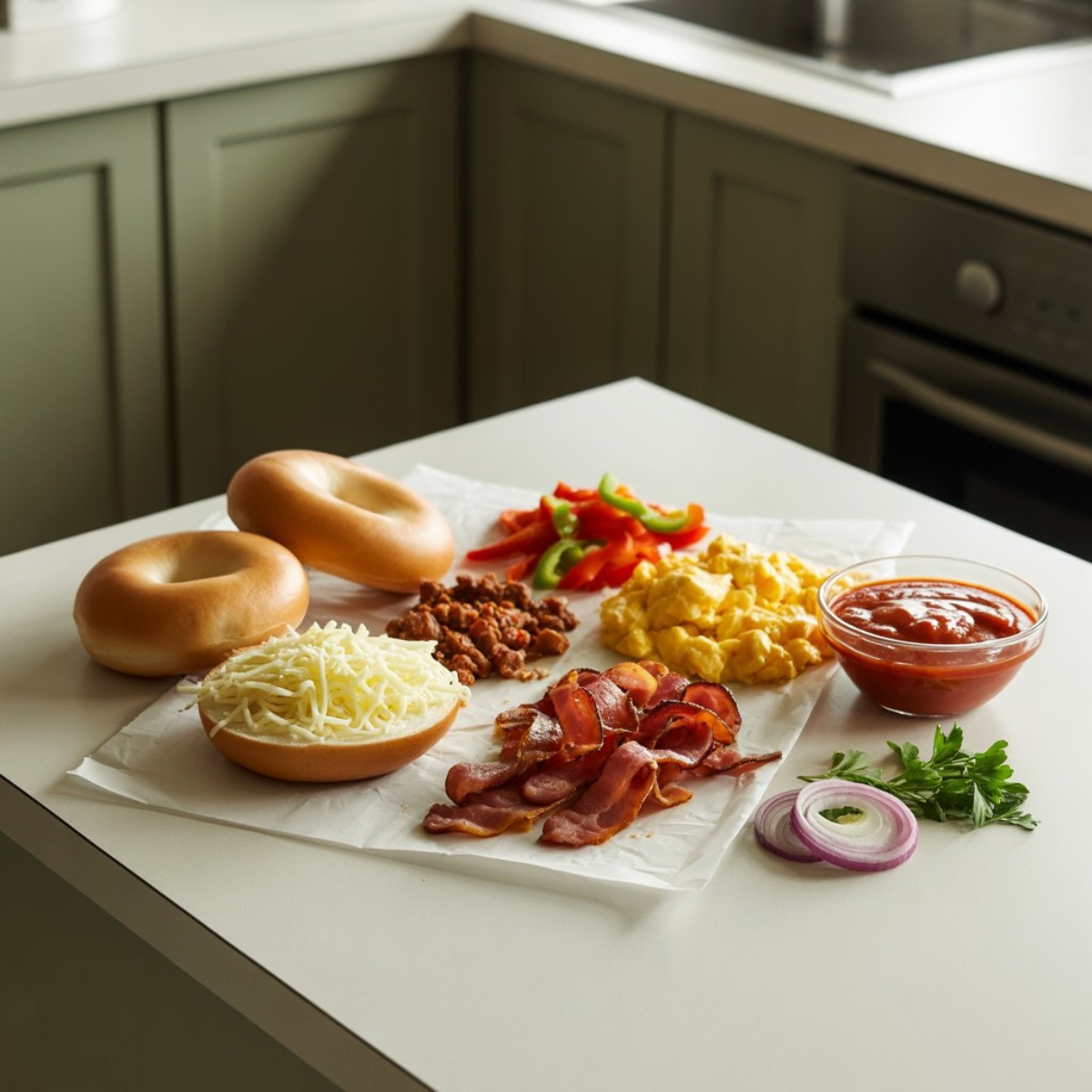 Ingredients for homemade breakfast pizza bagels arranged on a white kitchen counter