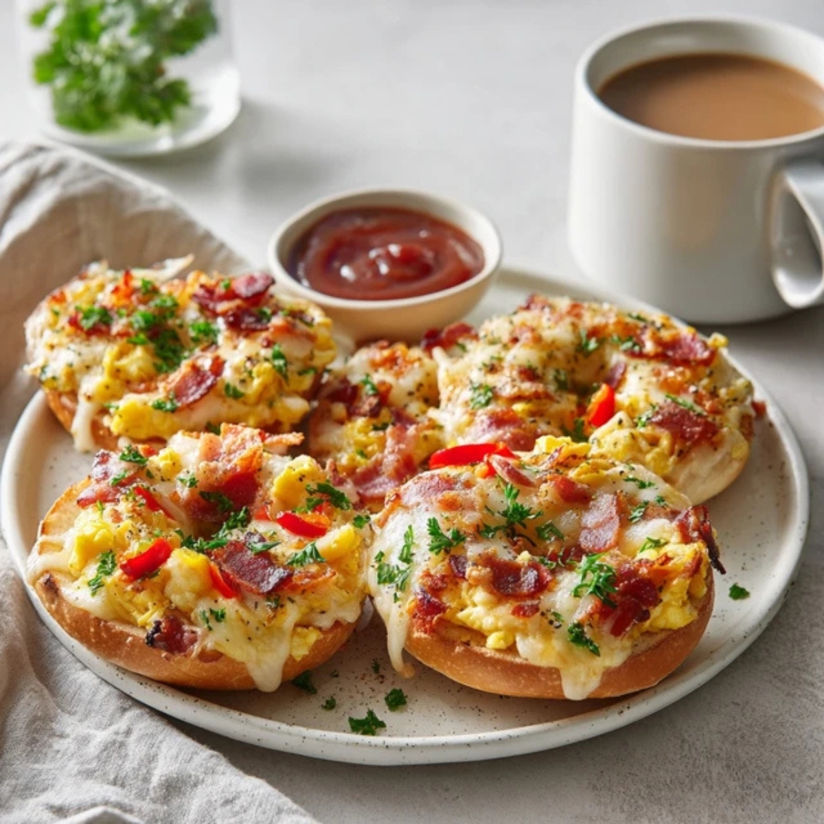 Homemade breakfast pizza bagels topped with eggs, bacon, and melted cheese on a white kitchen counter