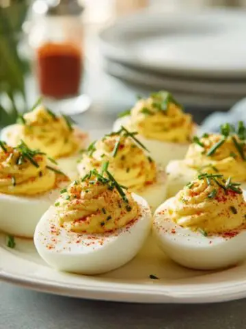 Classic deviled eggs on white plate with creamy filling and paprika garnish