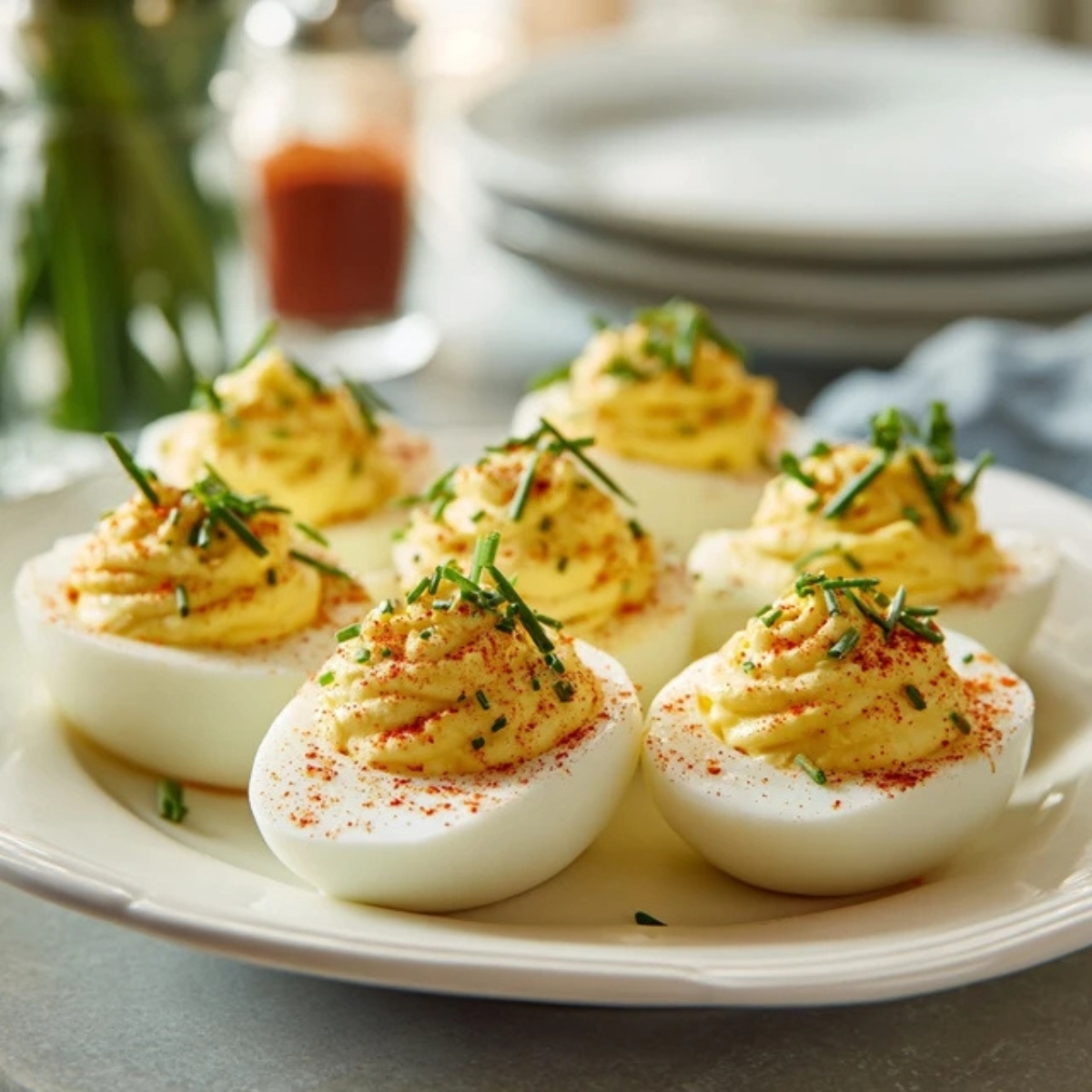 Classic deviled eggs on white plate with creamy filling and paprika garnish