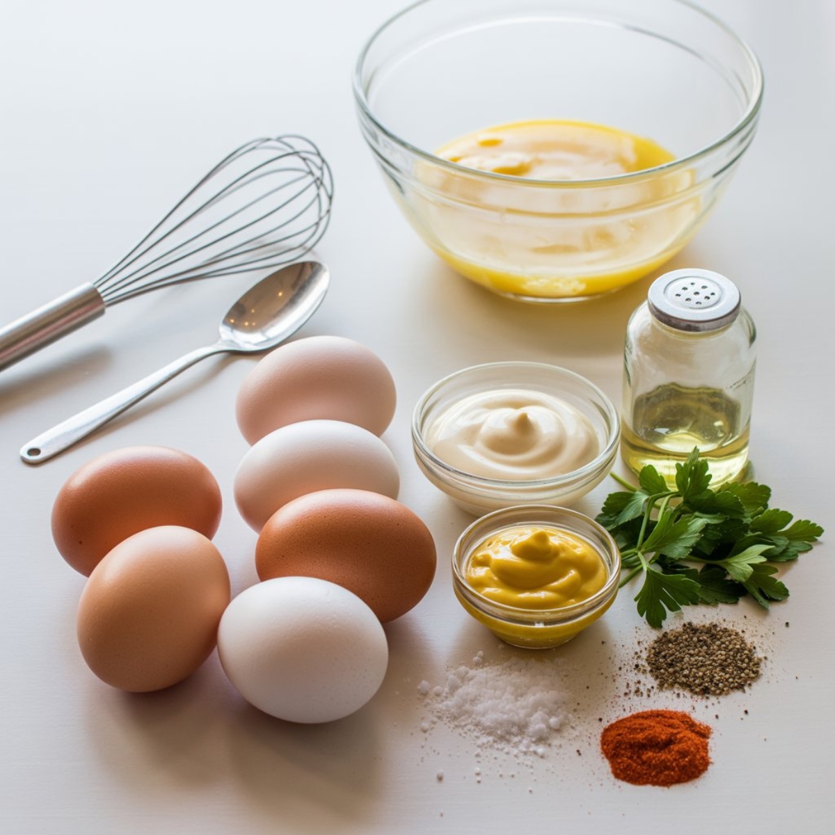 Ingredients for deviled eggs including eggs, mayo, mustard, and paprika on white counter