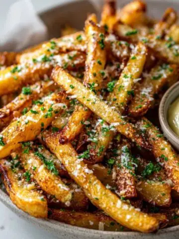 Crispy homemade garlic parmesan fries topped with parsley and parmesan.
