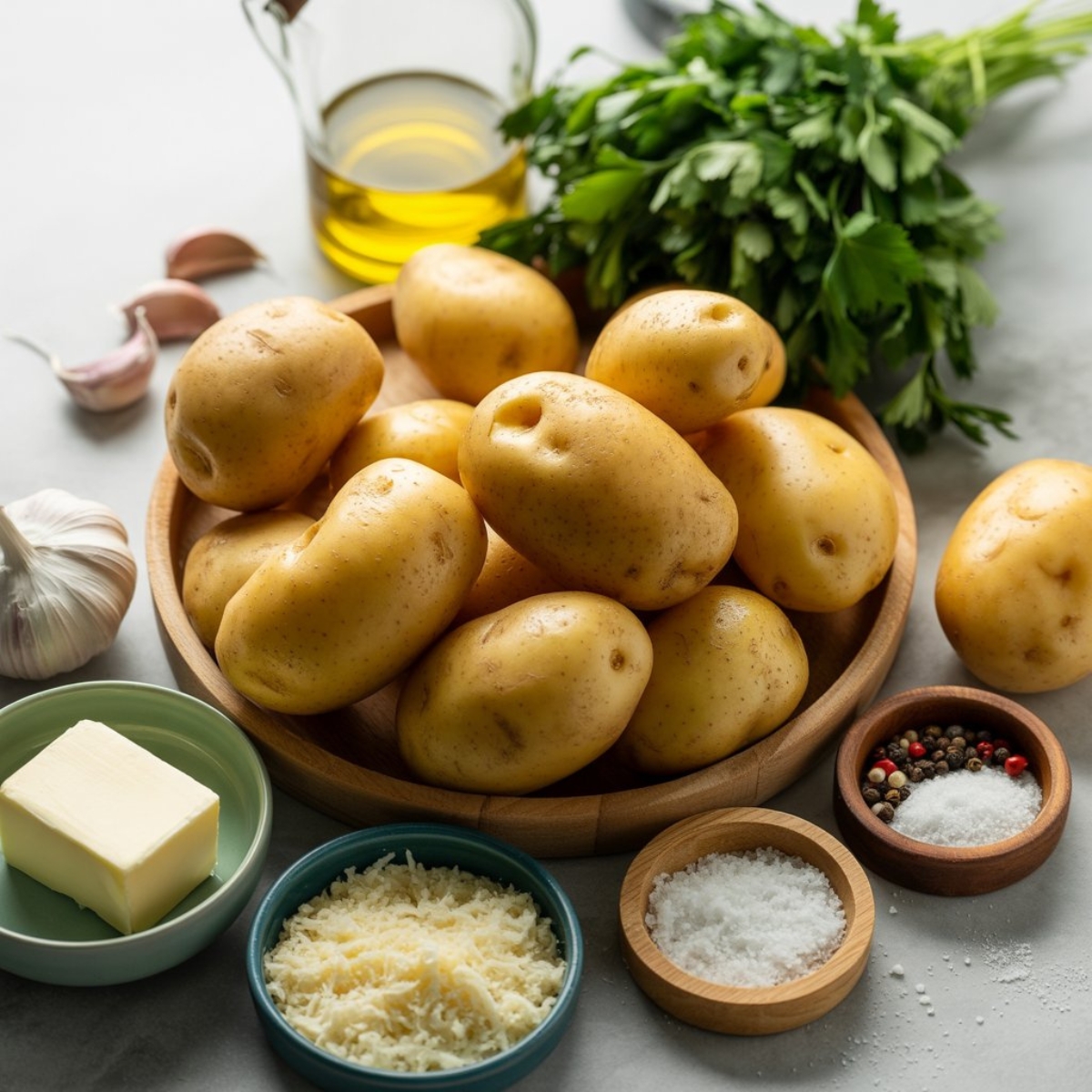 Ingredients for homemade garlic parmesan fries on a white counter.