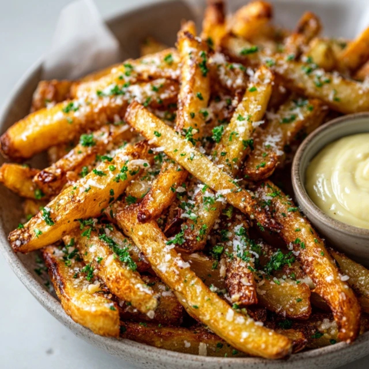 Crispy homemade garlic parmesan fries topped with parsley and parmesan.