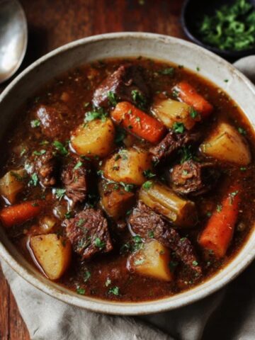 Hearty gluten free beef stew in a rustic white bowl filled with tender beef, carrots, potatoes, and celery in rich brown broth, served on a wooden table with a spoon and napkin beside it.