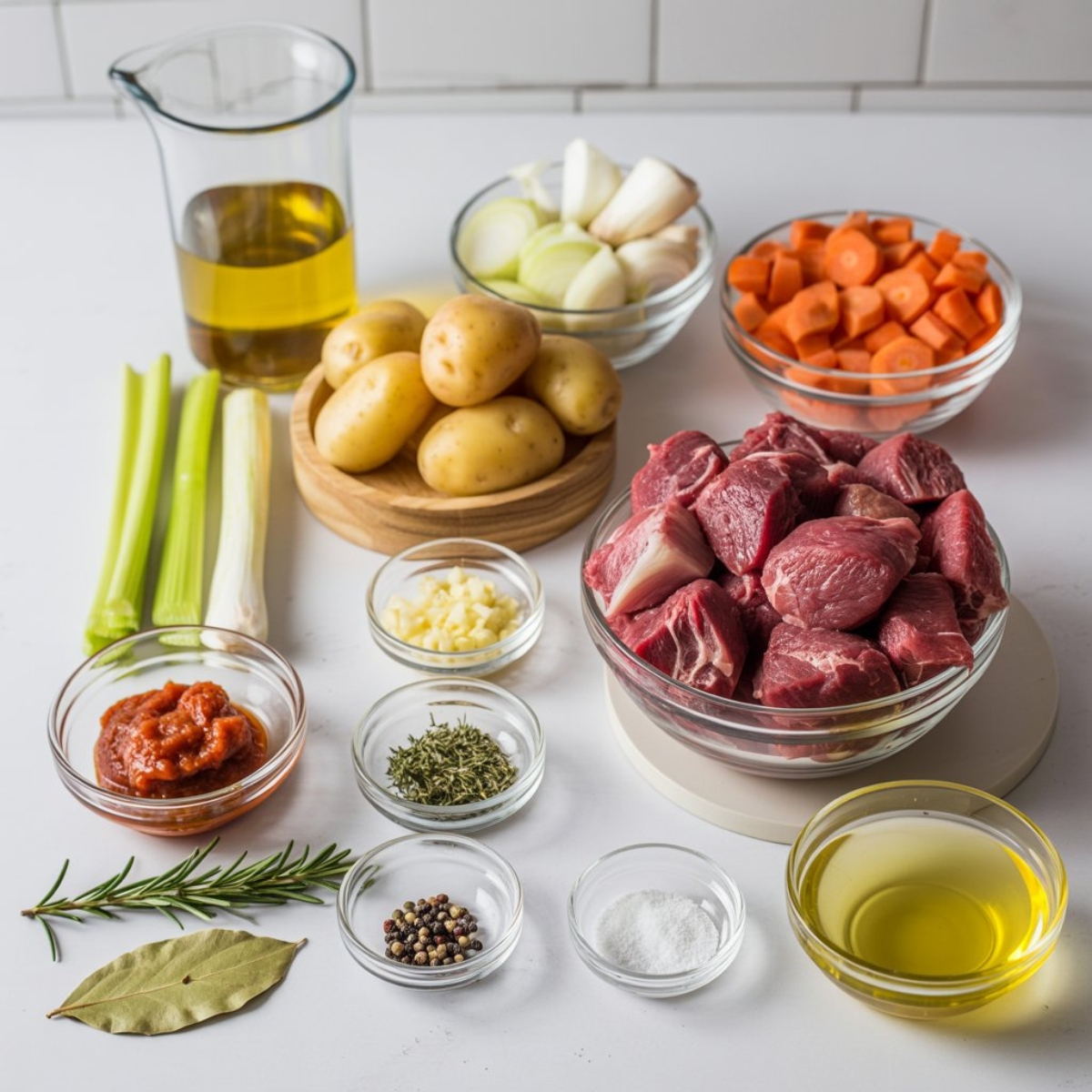 Fresh gluten free beef stew ingredients arranged in small glass and ceramic bowls on a white countertop, including beef cubes, carrots, onions, celery, potatoes, garlic, tomato paste, herbs, and broth.