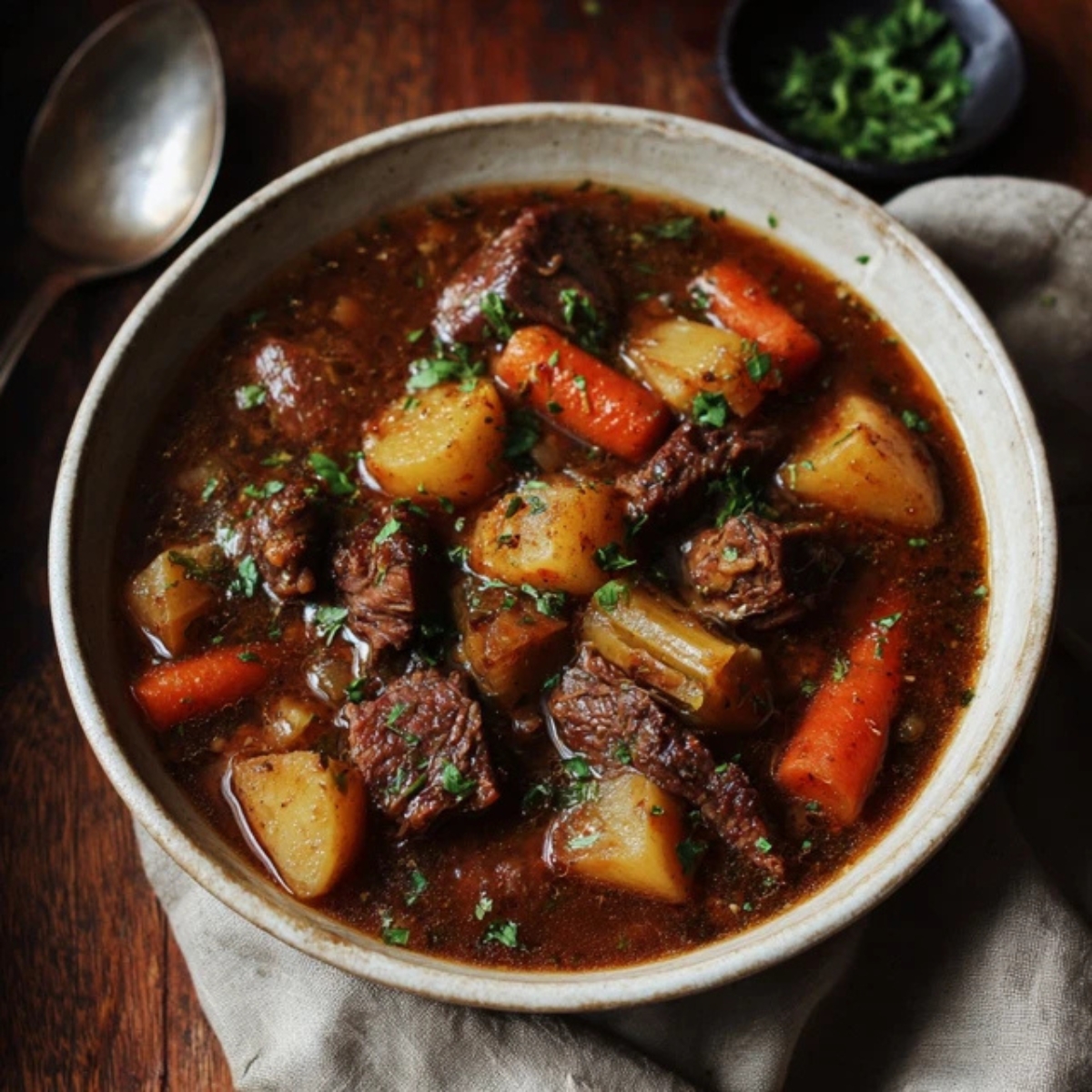 Hearty gluten free beef stew in a rustic white bowl filled with tender beef, carrots, potatoes, and celery in rich brown broth, served on a wooden table with a spoon and napkin beside it.