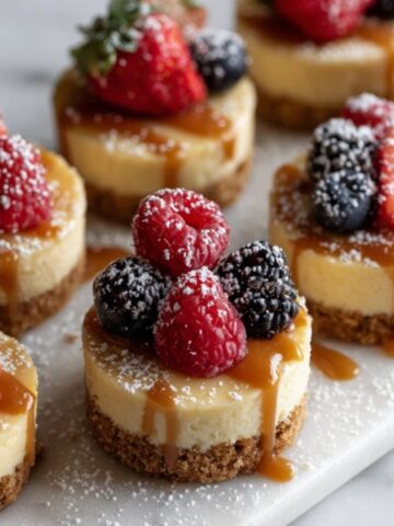 Homemade gluten free cheesecake bites with berries and caramel drizzle on white kitchen counter