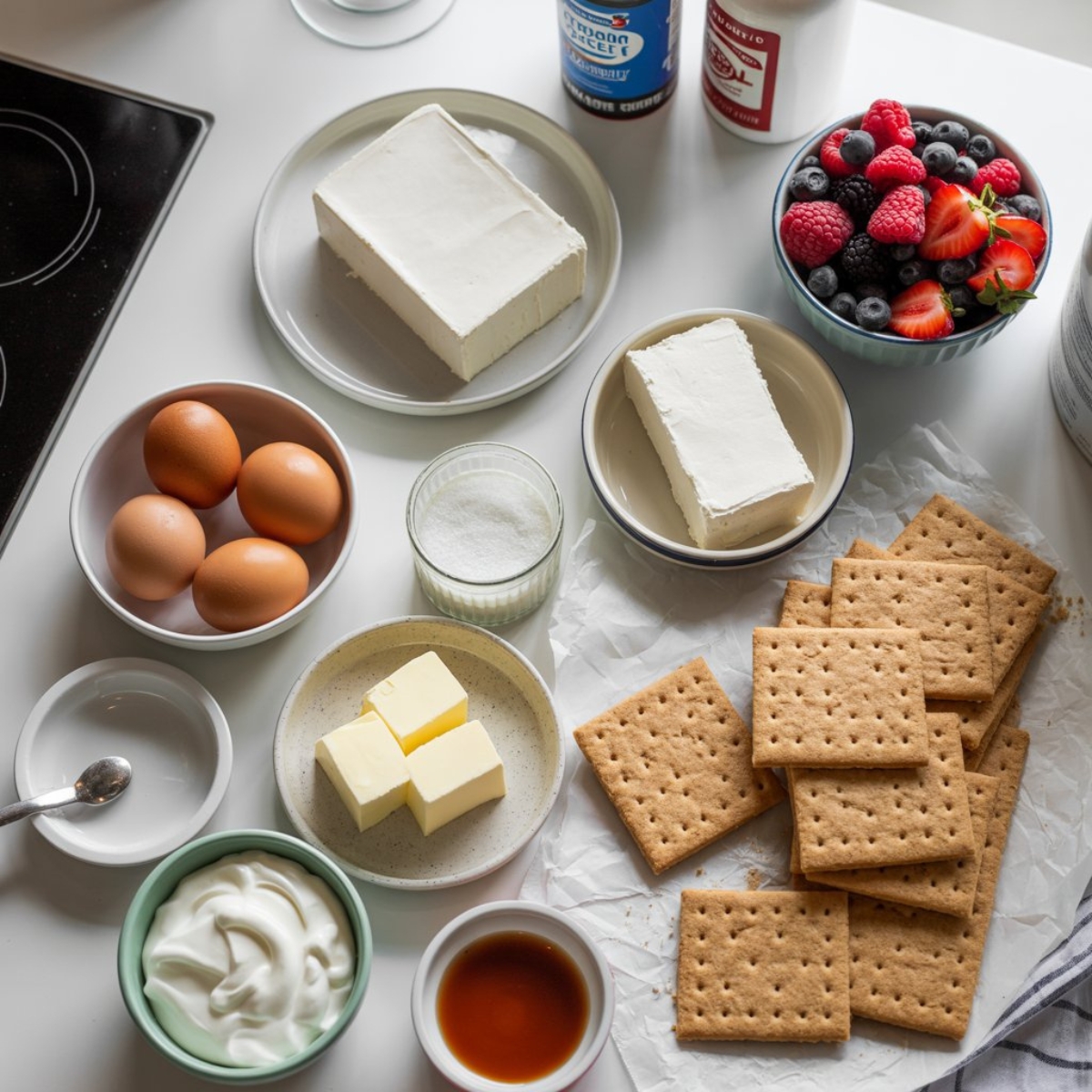 Ingredients for gluten free cheesecake bites on white kitchen counter with cream cheese and graham crackers