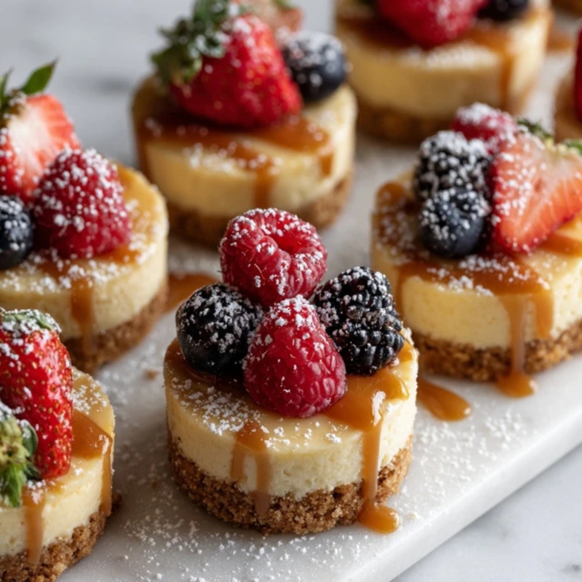 Homemade gluten free cheesecake bites with berries and caramel drizzle on white kitchen counter