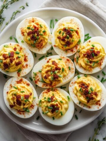 Gluten free deviled eggs with creamy filling and paprika on a white kitchen counter