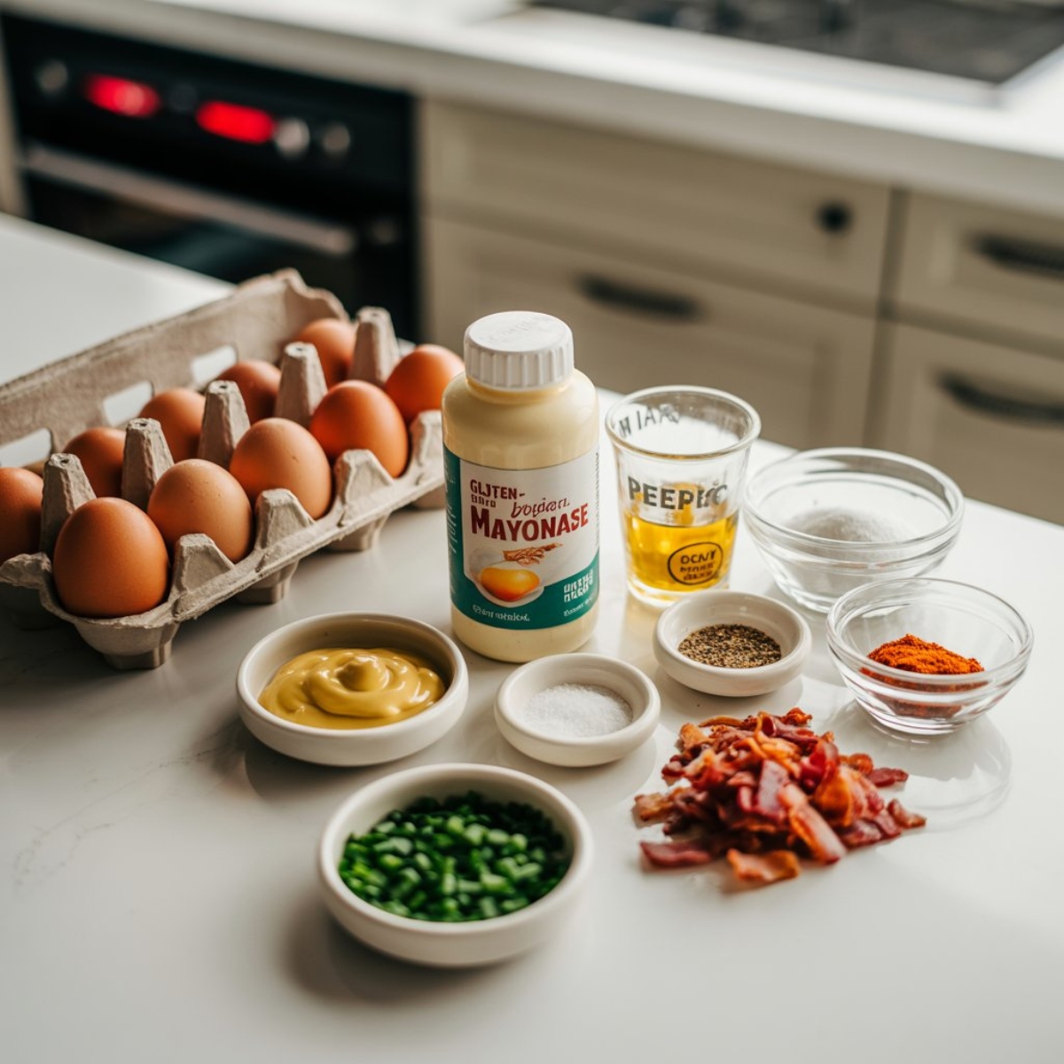 Ingredients for gluten free deviled eggs arranged on a white kitchen counter