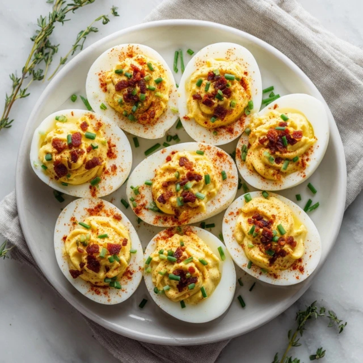 Gluten free deviled eggs with creamy filling and paprika on a white kitchen counter