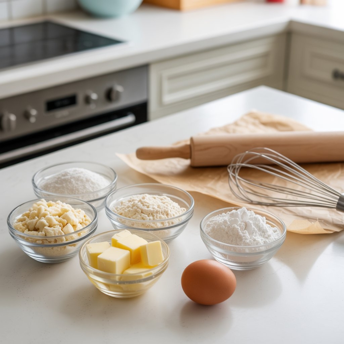 Gluten free tart shell ingredients on a white kitchen counter