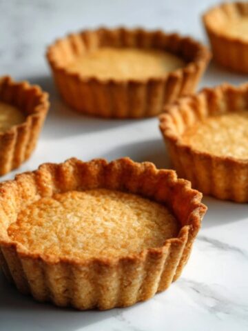 Homemade gluten free tart shells on a white kitchen counter
