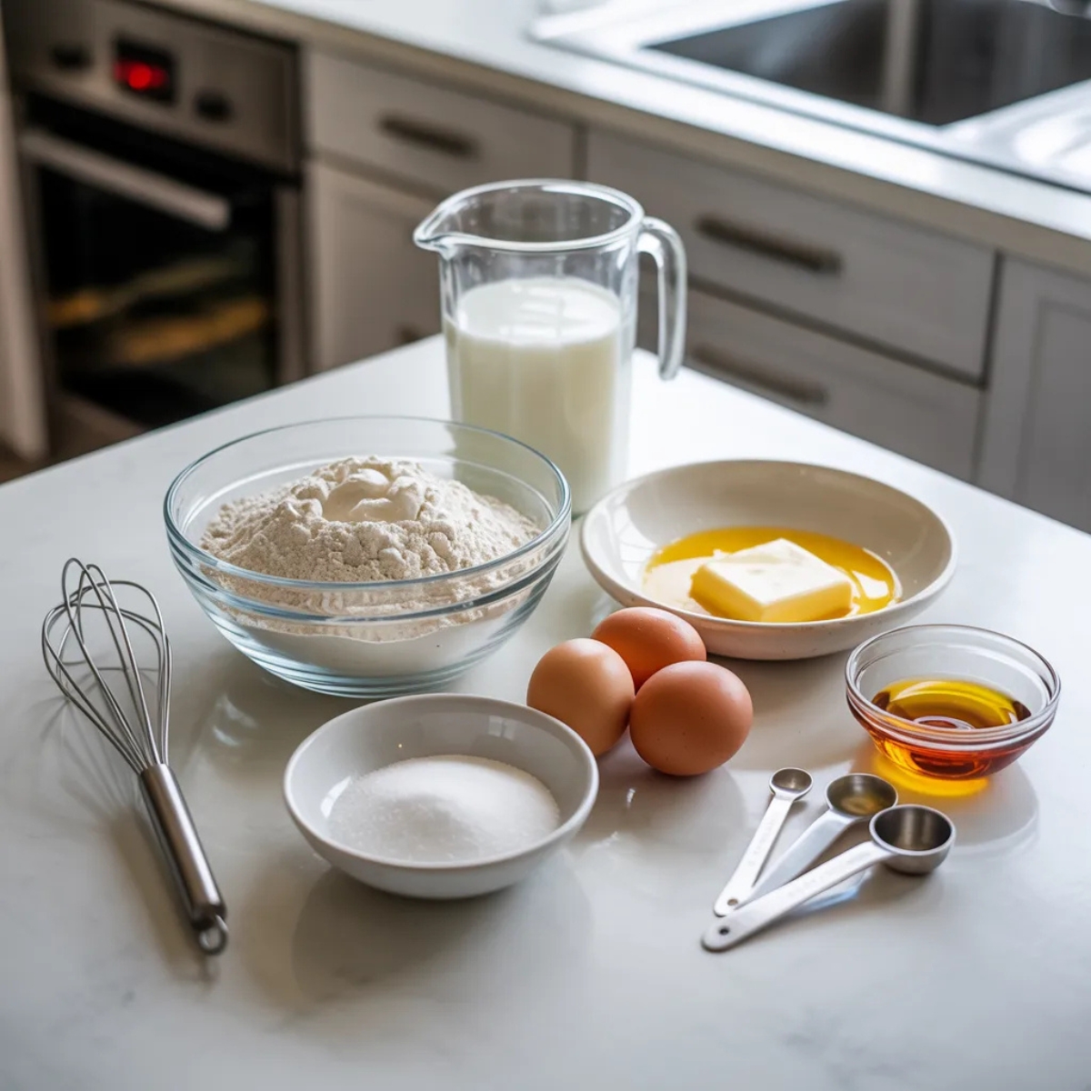 Ingredients for gluten free waffles arranged on a white counter