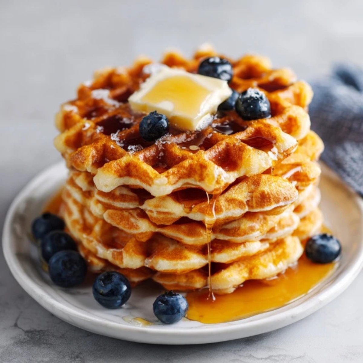Homemade gluten free waffles with butter and maple syrup on white kitchen counter