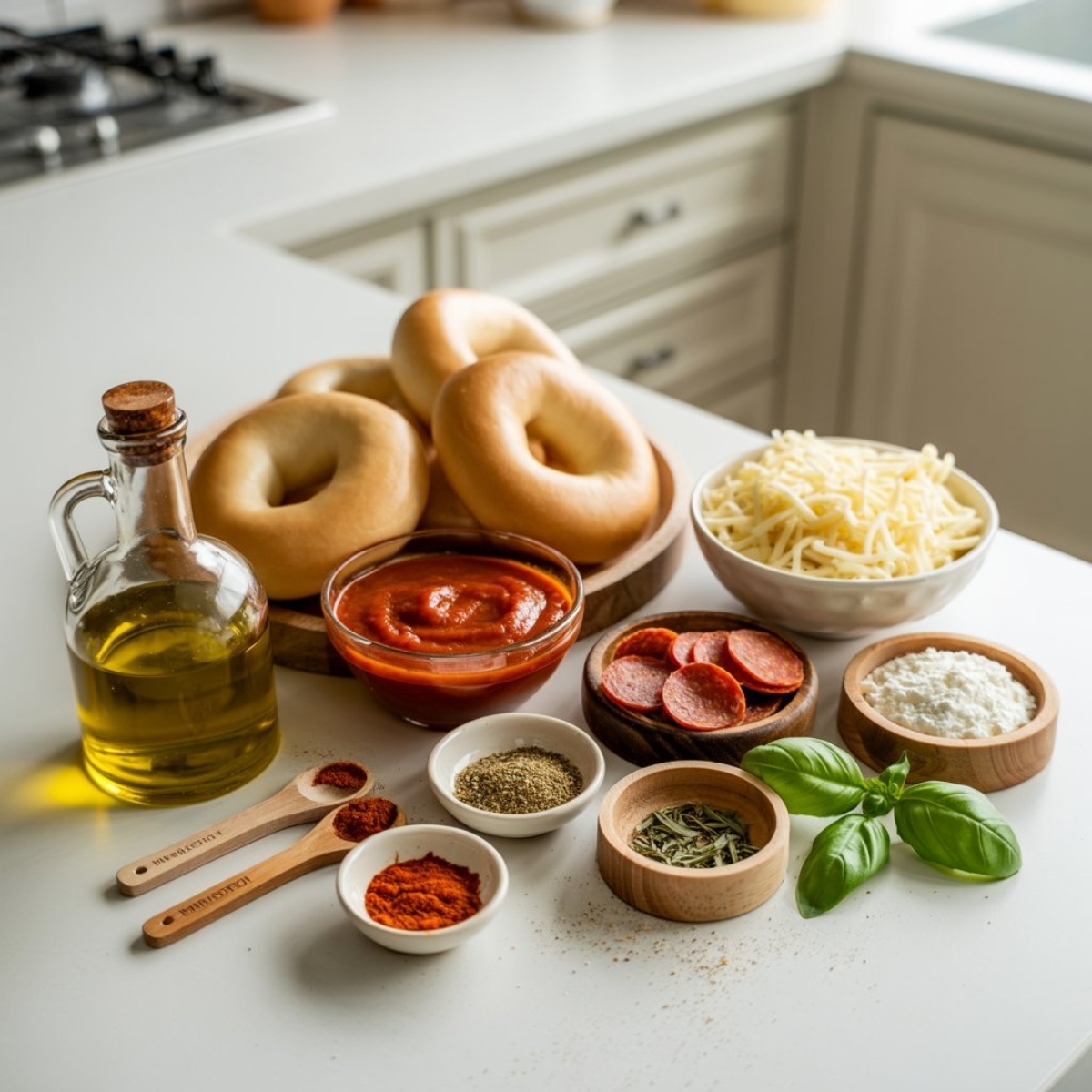 Ingredients for homemade pizza bagels including bagels, cheese, sauce, and pepperoni on a white counter