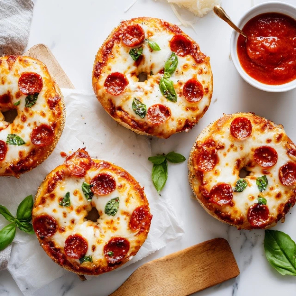 Homemade pizza bagels topped with melted mozzarella and basil on a white kitchen counter