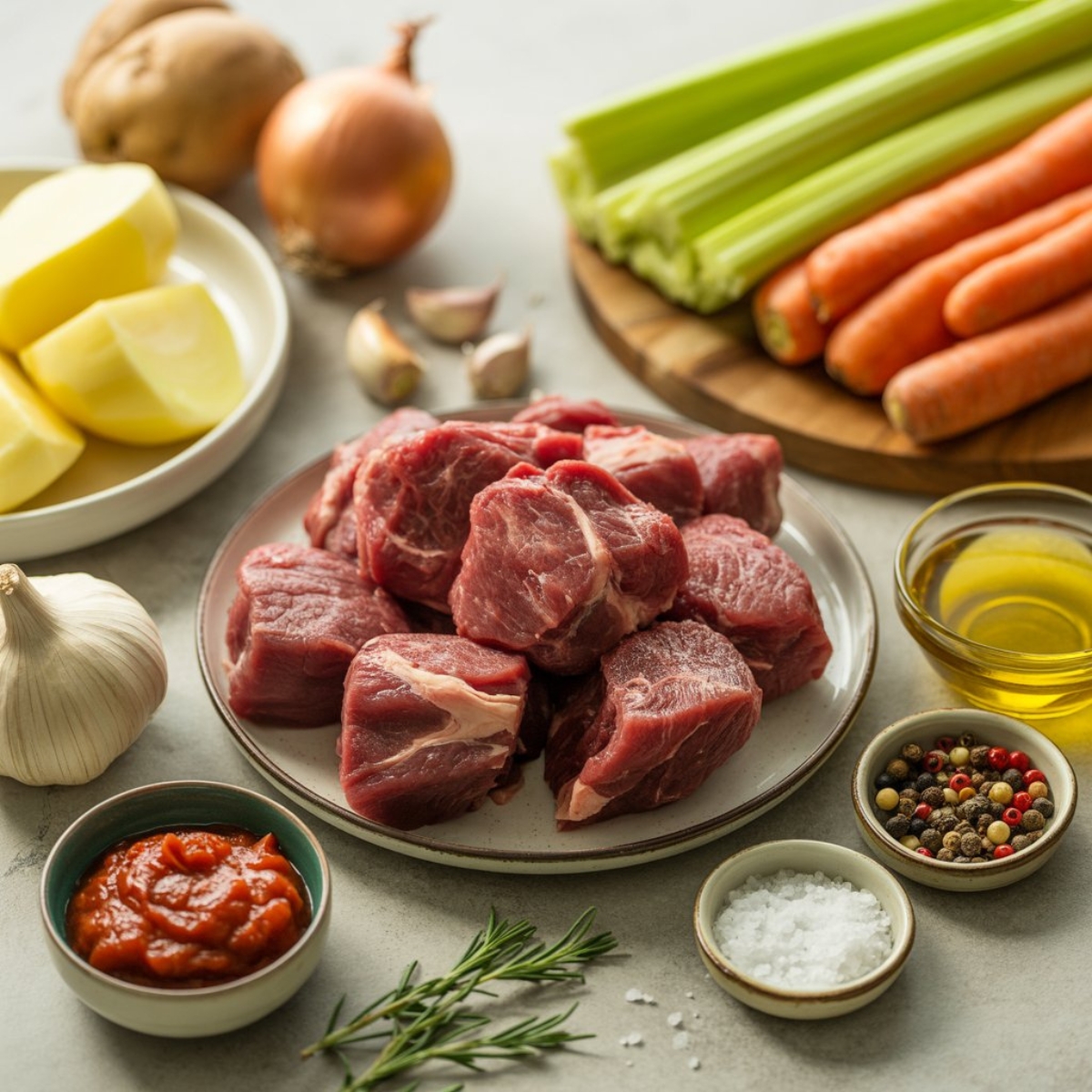 Ingredients for Instant Pot beef stew including beef chuck, vegetables, and seasonings on white counter