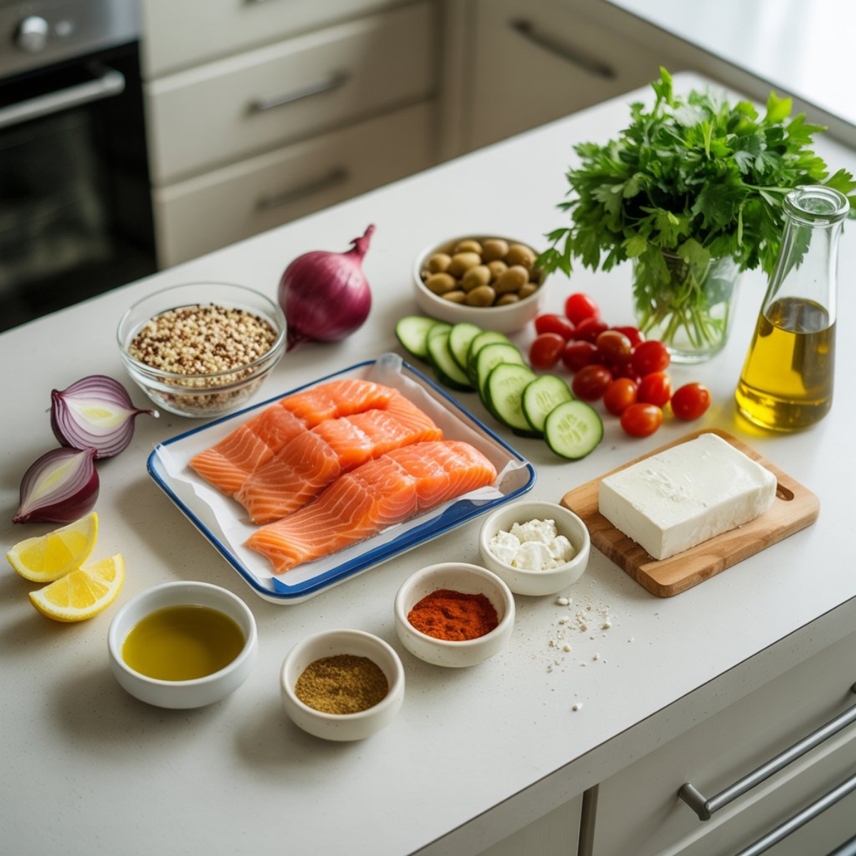 Mediterranean salmon bowl ingredients on white kitchen counter