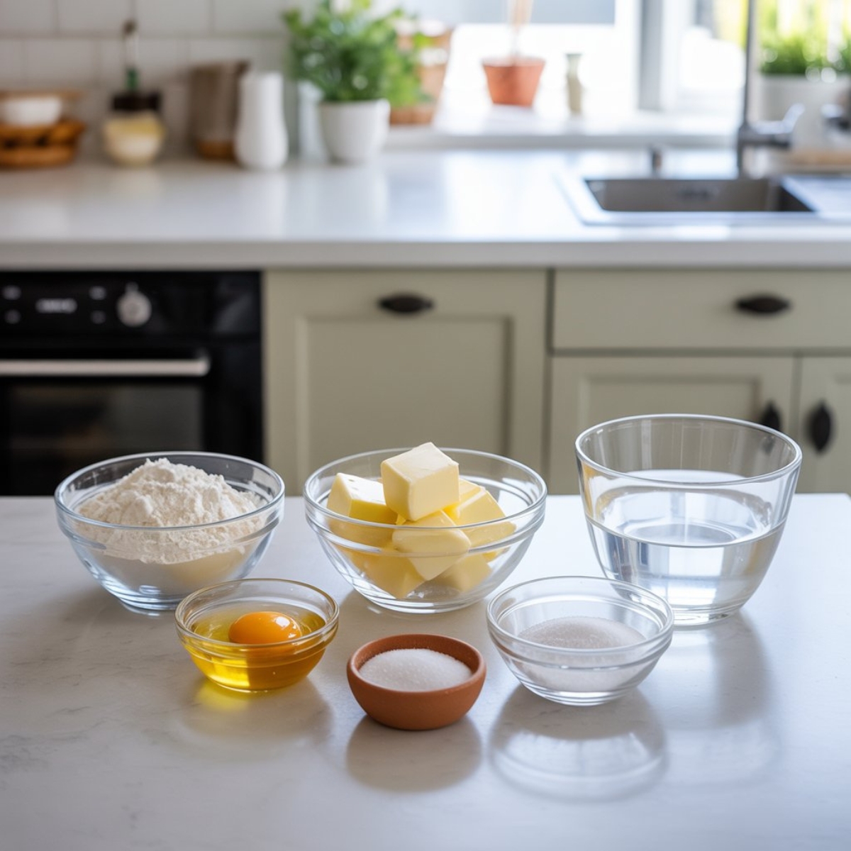 Mini tart shells ingredients flat lay on white counter