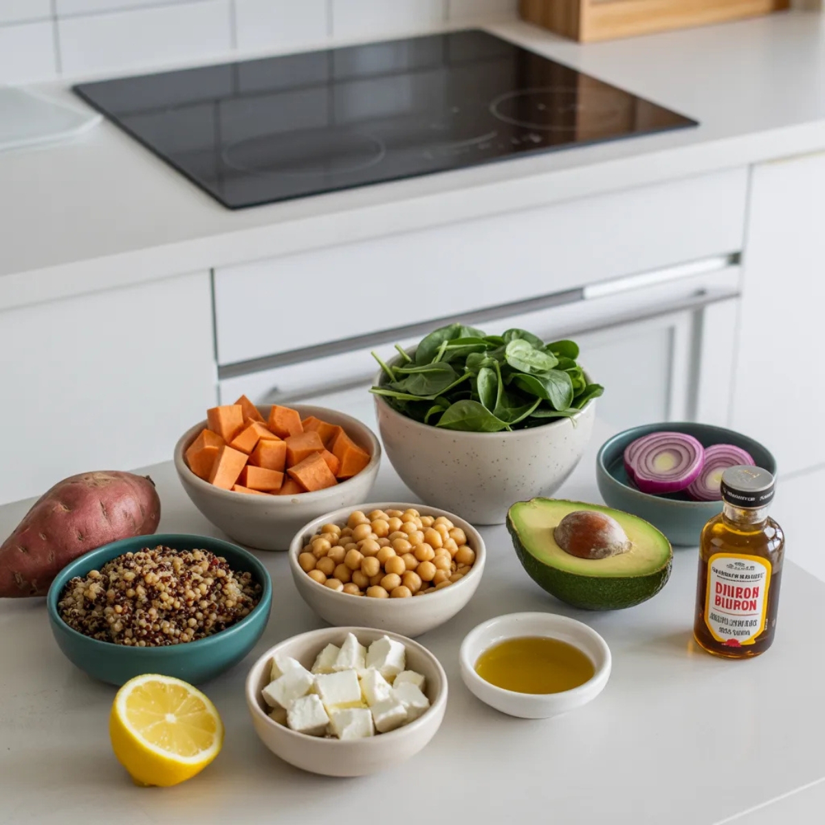 Fresh ingredients for sweet potato quinoa salad arranged on a white counter