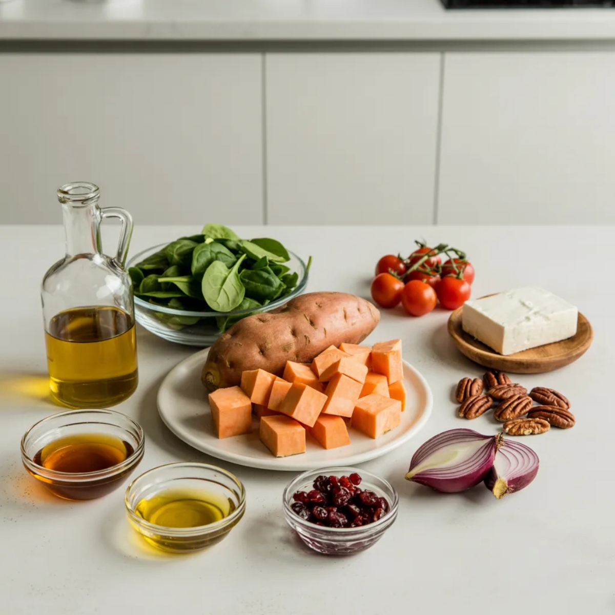Sweet potato salad ingredients on a white kitchen counter