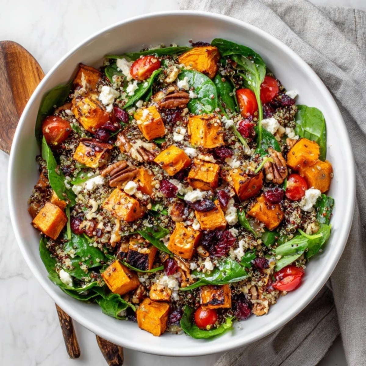 Homemade sweet potato salad with feta, quinoa, and greens on a white kitchen counter